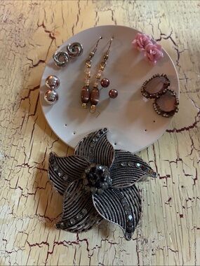 6 pairs of earrings and hair clip with stones